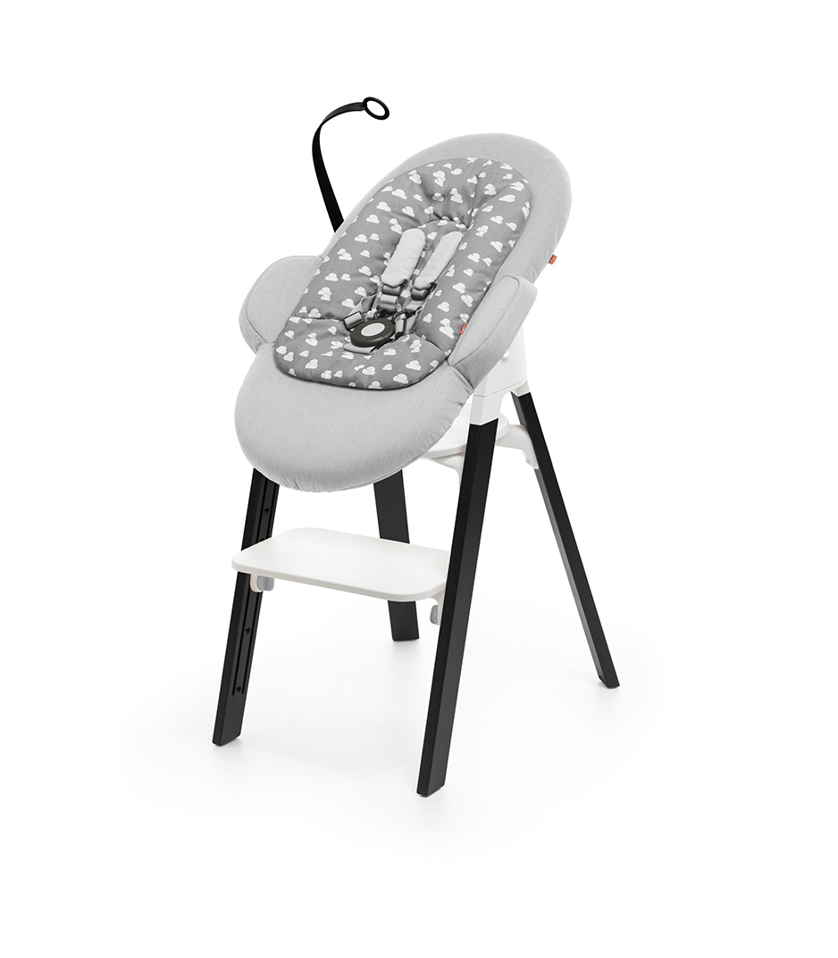 Stokke&reg; Steps&trade; Chair Oak Black and Stokke&reg; Steps&trade; Bouncer with Newborn Insert, Grey.